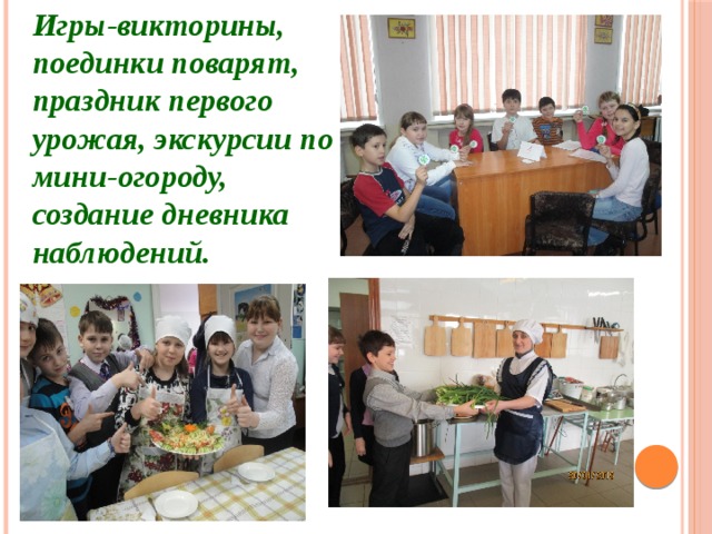Игры-викторины, поединки поварят, праздник первого урожая, экскурсии по мини-огороду, создание дневника наблюдений. 