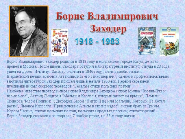 Борис Владимирович Заходер родился в 1918 году в молдавском городе Кагул, детство провел в Москве. После школы Заходер поступил в Литературный институт, откуда в 23 года ушел на фронт. Институт Заходер окончил в 1946 году, после демобилизации.  В армейской печати военных лет появились его стихотворения, однако к профессиональным занятиям литературой Заходер пришел лишь в начале 1950-ых. Первой серьезной публикацией был сборник переводов 