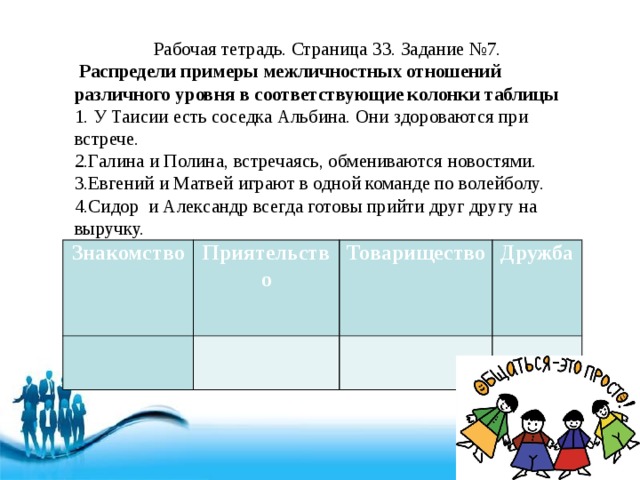 Рабочая тетрадь. Страница 33. Задание №7.  Распредели примеры межличностных отношений различного уровня в соответствующие колонки таблицы 1. У Таисии есть соседка Альбина. Они здороваются при встрече. 2.Галина и Полина, встречаясь, обмениваются новостями. 3.Евгений и Матвей играют в одной команде по волейболу. 4.Сидор и Александр всегда готовы прийти друг другу на выручку. Знакомство Приятельство Товарищество   Дружба       