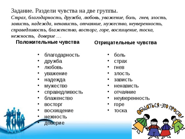Задание. Раздели чувства на две группы.  Страх, благодарность, дружба, любовь, уважение, боль, гнев, злость, зависть, надежда, ненависть, отчаяние, мужество, неуверенность, справедливость, блаженство, восторг, горе, восхищение, тоска, нежность, доверие …  Положительные чувства Отрицательные чувства благодарность дружба любовь уважение надежда мужество справедливость блаженство восторг восхищение нежность доверие боль страх гнев злость зависть ненависть отчаяние неуверенность горе тоска 