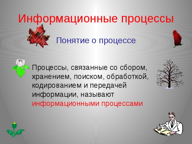 Информационные процессы Понятие о процессе Процессы, связанные со сбором, хранением, поиском, обработкой, кодированием и передачей информации, называют информационными процессами 