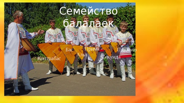 Семейство балалаек Прима Бас Пикколо Альт Секунда Контрабас 
