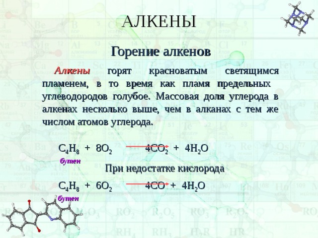 АЛКЕНЫ Горение алкенов Алкены  горят красноватым светящимся пламенем, в то время как пламя предельных углеводородов голубое. Массовая доля углерода в алкенах несколько выше, чем в алканах с тем же числом атомов углерода.  С 4 Н 8 + 8О 2   4СО 2 + 4Н 2 О  бутен  При недостатке кислорода  С 4 Н 8 + 6О 2   4СО + 4Н 2 О  бутен  