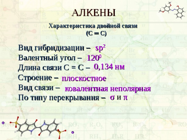 АЛКЕНЫ Характеристика двойной связи  (С ═ С) Вид гибридизации – Валентный угол – Длина связи С = С – Строение – Вид связи – По типу перекрывания – sp 2 120 0 0,134 нм плоскостное ковалентная неполярная σ  и  π 