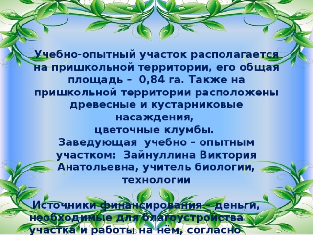     Учебно-опытный участок располагается на пришкольной территории, его общая площадь – 0,84 га. Также на пришкольной территории расположены древесные и кустарниковые насаждения, цветочные клумбы. Заведующая учебно – опытным участком: Зайнуллина Виктория Анатольевна, учитель биологии, технологии   Источники финансирования – деньги, необходимые для благоустройства участка и работы на нём, согласно планированию, выделяются администрацией школы. 
