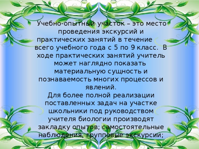  Учебно-опытный участок – это место проведения экскурсий и практических занятий в течение всего учебного года с 5 по 9 класс. В ходе практических занятий учитель может наглядно показать материальную сущность и познаваемость многих процессов и явлений. Для более полной реализации поставленных задач на участке школьники под руководством учителя биологии производят закладку опытов; самостоятельные наблюдения, групповые экскурсии; 