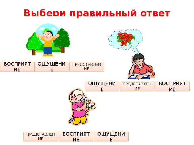 Выбери правильный ответ ВОСПРИЯТИЕ ОЩУЩЕНИЕ ПРЕДСТАВЛЕНИЕ ОЩУЩЕНИЕ ПРЕДСТАВЛЕНИЕ ВОСПРИЯТИЕ ПРЕДСТАВЛЕНИЕ ВОСПРИЯТИЕ ОЩУЩЕНИЕ