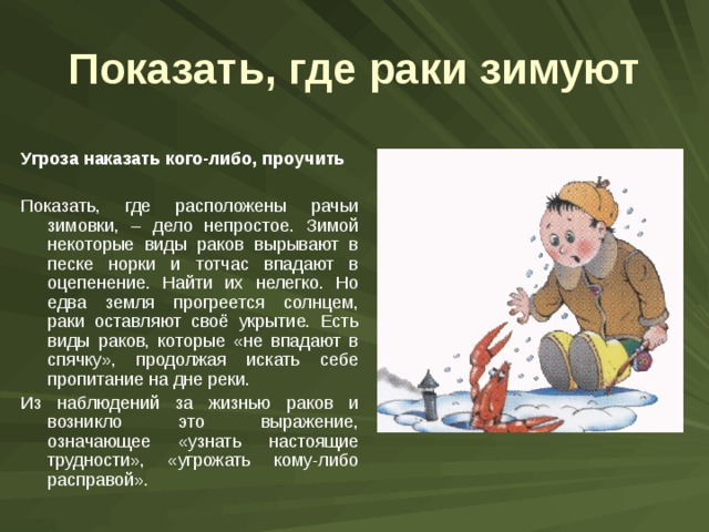 Показать, где раки зимуют Угроза наказать кого-либо, проучить  Показать, где расположены рачьи зимовки, – дело непростое. Зимой некоторые виды раков вырывают в песке норки и тотчас впадают в оцепенение. Найти их нелегко. Но едва земля прогреется солнцем, раки оставляют своё укрытие. Есть виды раков, которые «не впадают в спячку», продолжая искать себе пропитание на дне реки. Из наблюдений за жизнью раков и возникло это выражение, означающее «узнать настоящие трудности», «угрожать кому-либо расправой». 