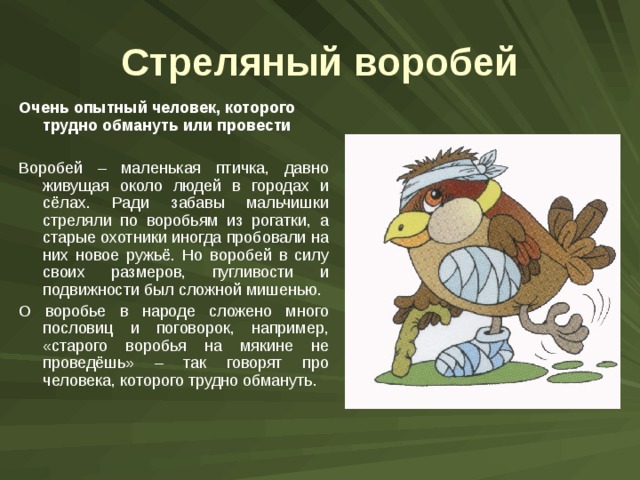 Стреляный воробей Очень опытный человек, которого трудно обмануть или провести  Воробей – маленькая птичка, давно живущая около людей в городах и сёлах. Ради забавы мальчишки стреляли по воробьям из рогатки, а старые охотники иногда пробовали на них новое ружьё. Но воробей в силу своих размеров, пугливости и подвижности был сложной мишенью. О воробье в народе сложено много пословиц и поговорок, например, «старого воробья на мякине не проведёшь» – так говорят про человека, которого трудно обмануть. 