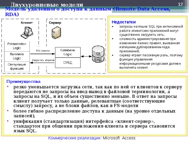  Двухуровневые модели Модель удаленного доступа к данным (Remote Data Access, RDA) Недостатки запросы на языке SQL при интенсивной работе клиентских приложений могут существенно загрузить сеть; сложность администрирования при изменении бизнес-правил, вызванная излишним дублированием кода приложений; сервер играет пассивную роль, поэтому функции управления информационными ресурсами должен выполнять клиент.  Преимущества резко уменьшается загрузка сети, так как по ней от клиентов к серверу передаются не запросы на ввод-вывод в файловой терминологии, а запросы на SQL, и их объем существенно меньше. В ответ на запросы клиент получает только данные, релевантные (соответствующие смыслу) запросу, а не блоки файлов, как в FS-модели более гибкое распределение доступа к данным (на уровне отдельных записей); унификация (стандартизация) интерфейса «клиент-сервер», стандартом при общении приложения-клиента и сервера становится язык SQL. Коммерческие реализации: Microsoft Access  