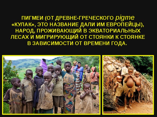  ПИГМЕИ (ОТ ДРЕВНЕ-ГРЕЧЕСКОГО pigme  «КУЛАК», ЭТО НАЗВАНИЕ ДАЛИ ИМ ЕВРОПЕЙЦЫ), НАРОД, ПРОЖИВАЮЩИЙ В ЭКВАТОРИАЛЬНЫХ ЛЕСАХ И МИГРИРУЮЩИЙ ОТ СТОЯНКИ К СТОЯНКЕ В ЗАВИСИМОСТИ ОТ ВРЕМЕНИ ГОДА. 