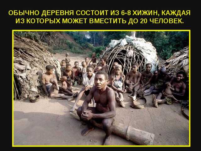 ОБЫЧНО ДЕРЕВНЯ СОСТОИТ ИЗ 6-8 ХИЖИН, КАЖДАЯ ИЗ КОТОРЫХ МОЖЕТ ВМЕСТИТЬ ДО 20 ЧЕЛОВЕК. 