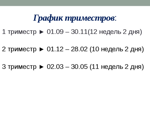 График триместров : 1 триместр ► 01.09 – 30.11(12 недель 2 дня) 2 триместр ► 01.12 – 28.02 (10 недель 2 дня) 3 триместр ► 02.03 – 30.05 (11 недель 2 дня) 