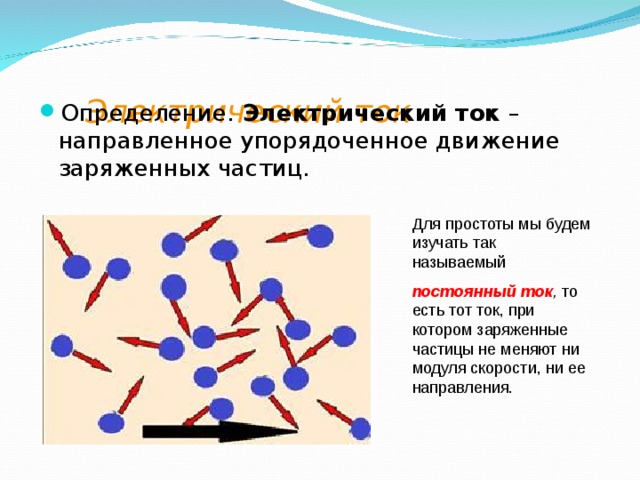  Электрический ток    Определение.  Электрический ток  – направленное упорядоченное движение заряженных частиц. Для простоты мы будем изучать так называемый  постоянный ток , то есть тот ток, при котором заряженные частицы не меняют ни модуля скорости, ни ее направления. 