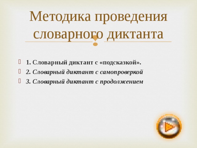 Методика проведения словарного диктанта 1. Словарный диктант с «подсказкой». 2. Словарный диктант с самопроверкой 3. Словарный диктант с продолжением  