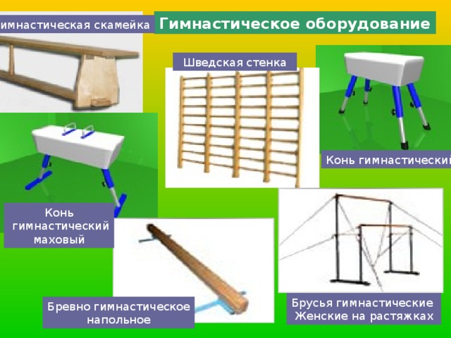 Гимнастическое оборудование Гимнастическая скамейка Шведская стенка Конь гимнастический Конь  гимнастический маховый Брусья гимнастические Женские на растяжках Бревно гимнастическое напольное 