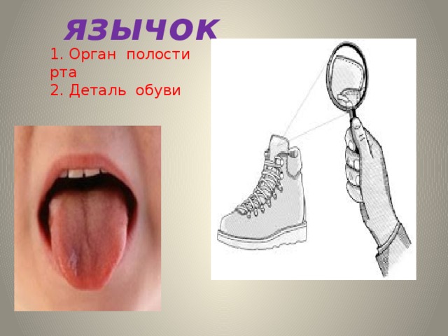 язычок 1. Орган полости рта 2. Деталь обуви 
