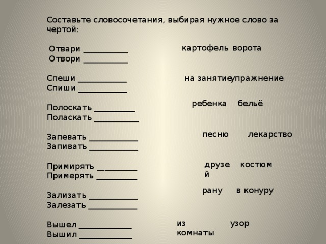 Составьте словосочетания, выбирая нужное слово за чертой:  Отвари ___________  Отвори ___________ Спеши ____________ Спиши ____________ Полоскать __________ Поласкать ___________ Запевать ____________ Запивать ____________ Примирять __________ Примерять __________ Зализать ____________ Залезать ____________ Вышел _____________ Вышил _____________ картофель ворота на занятие упражнение бельё ребенка песню лекарство друзей костюм в конуру рану узор из комнаты 