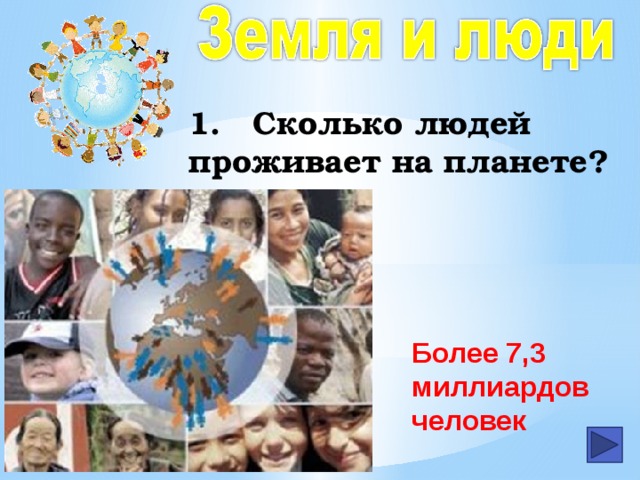 1.  Сколько людей проживает на планете? Более 7,3 миллиардов человек