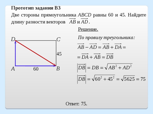 Прототип задания B3 Две стороны прямоугольника ABCD равны 60 и 45. Найдите длину разности векторов  и   . Решение. По правилу треугольника: D С 45 В А 60 Ответ: 75.  