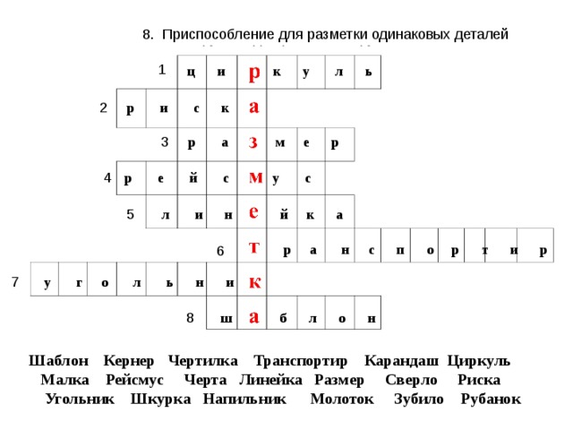 7. Инструмент для разметки и контроля прямого угла 6. Инструмент для измерения углов 8. Приспособление для разметки одинаковых деталей 5. Инструмент для измерения размеров 4. Инструмент для разметки параллельных линий 2. Линия при разметке рейсмусом 3. Длина, ширина, высота детали 1. Инструмент для разметки окружностей 1  ц и  к у л ь  р и с к 2 3  р а м е р 4  р е й с у с  л и н  й к а 5   р а н с п о р т и р 6 7  у г о л ь н и 8  ш  б л о н Шаблон Кернер Чертилка Транспортир Карандаш Циркуль  Малка Рейсмус Черта Линейка Размер Сверло Риска  Угольник Шкурка Напильник Молоток Зубило Рубанок 