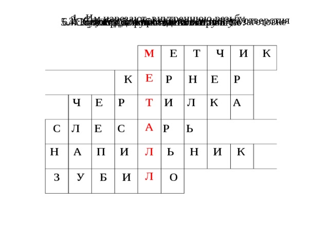 1. Им нарезают внутреннюю резьбу 2. Служит для накернивания центра отверстия 3. Служит для проведения линий на заготовке 4. Кто обрабатывает металл вручную? 6. Служит для рубки металла 5. Служит для опиливания металла Е Т Ч И К М Е Т А Л Л К Р Н Е Р Ч Е Р И Л К А С Л Е С Р Ь Н А П И Ь Н И К З У Б И О 