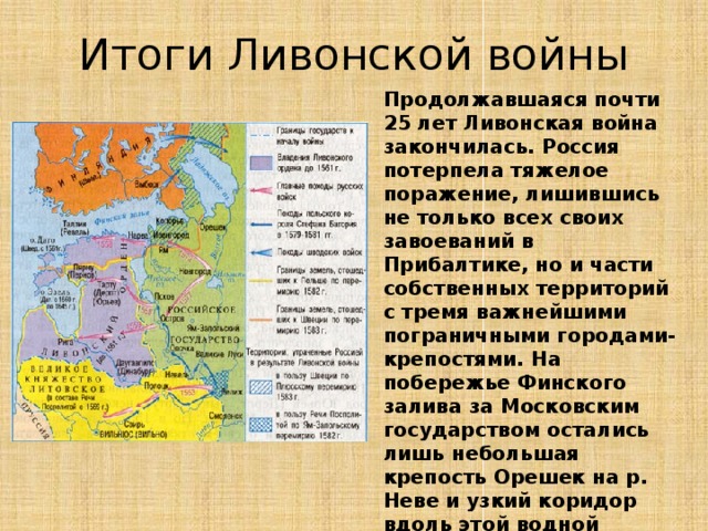 Итоги Ливонской войны Продолжавшаяся почти 25 лет Ливонская война закончилась. Россия потерпела тяжелое поражение, лишившись не только всех своих завоеваний в Прибалтике, но и части собственных территорий с тремя важнейшими пограничными городами-крепостями. На побережье Финского залива за Московским государством остались лишь небольшая крепость Орешек на р. Неве и узкий коридор вдоль этой водной артерии от р. Стрелки до р. Сестры, общей протяженностью 31,5 км. 