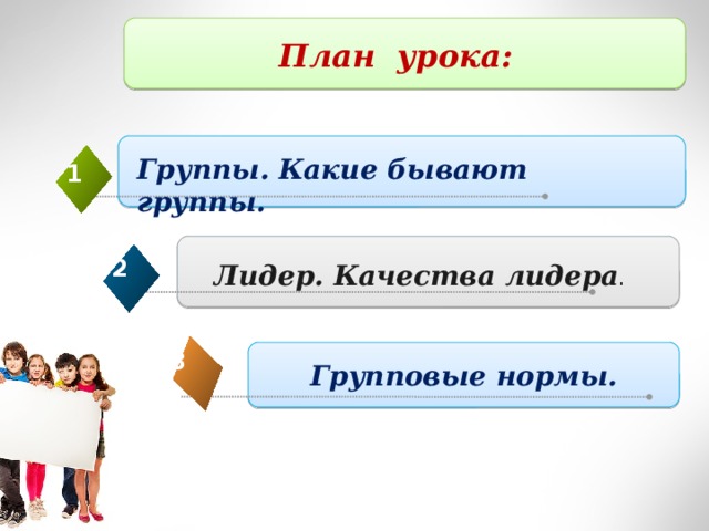 План урока: Группы. Какие бывают группы. 1  2 Лидер. Качества лидера . Групповые нормы. 3 4 
