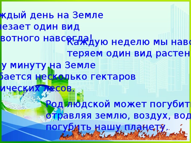 Каждый день на Земле исчезает один вид животного навсегда! Каждую неделю мы навсегда теряем один вид растения! В одну минуту на Земле вырубается несколько гектаров  тропических лесов. Род людской может погубить себя, отравляя землю, воздух, воду, погубить нашу планету. 