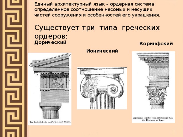 Единый архитектурный язык – ордерная система: определенное соотношение несомых и несущих частей сооружения и особенностей его украшения. Существует три типа греческих ордеров: Дорический Коринфский Ионический 