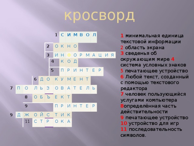  кросворд 1 минимальная единица текстовой информации 2 область экрана  3 сведенья об окружающим мире 4 система условных знаков 5 печатающее устройство 6 Любой текст, созданный с помощью текстового редактора 7 человек пользующийся услугами компьютера 8 определённая часть действительности 9 печатающее устройство 10 устройство для игр  11 последовательность символов. 2 7 3 1 П С О 6 О И И Д 8 Л 9 4 К О Д М Н О Н 9 Ь 5 Ф В З Ж К Б О О О К О Ъ О 11 П Р Л О Й У Р Д С М М Е С Т В И А Р Е П К Н А Н Ц Т Т Т Т Р И О Е И И Е Т К Я К Н Л Р А Т Ь Е Р 