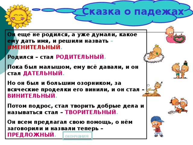 Сказка о падежах Он еще не родился, а уже думали, какое ему дать имя, и решили назвать – ИМЕНИТЕЛЬНЫЙ . Родился – стал  РОДИТЕЛЬНЫЙ . Пока был малышом, ему всё давали, и он стал  ДАТЕЛЬНЫЙ . Но он был и большим озорником, за всяческие проделки его винили, и он стал –  ВИНИТЕЛЬНЫЙ . Потом подрос, стал творить добрые дела и называться стал –  ТВОРИТЕЛЬНЫЙ . Он всем предлагал свою помощь, о нём заговорили и назвали теперь –  ПРЕДЛОЖНЫЙ . окончания 