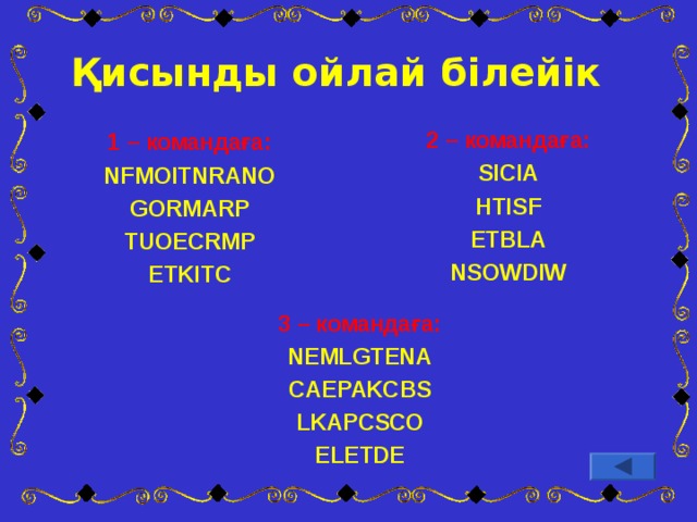 Қисынды ойлай білейік 2 – командаға: SICIA HTISF ETBLA NSOWDIW 1 – командаға: NFMOITNRANO GORMARP TUOECRMP ETKITC 3 – командаға: NEMLGTENA CAEPAKCBS LKAPCSCO ELETDE 