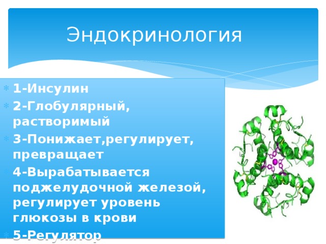  Эндокринология 1-Инсулин 2-Глобулярный, растворимый 3-Понижает,регулирует, превращает 4-Вырабатывается поджелудочной железой, регулирует уровень глюкозы в крови 5-Регулятор 