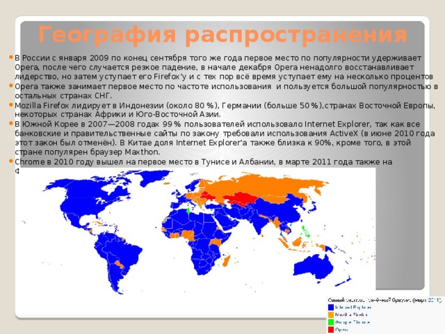 География распространения В России с января 2009 по конец сентября того же года первое место по популярности удерживает Opera, после чего случается резкое падение, в начале декабря Opera ненадолго восстанавливает лидерство, но затем уступает его Firefox'у и с тех пор всё время уступает ему на несколько процентов Opera также занимает первое место по частоте использования и пользуется большой популярностью в остальных странах СНГ. Mozilla Firefox лидирует в Индонезии (около 80 %), Германии (больше 50 %),странах Восточной Европы, некоторых странах Африки и Юго-Восточной Азии. В Южной Корее в 2007—2008 годах 99 % пользователей использовало Internet Explorer, так как все банковские и правительственные сайты по закону требовали использования ActiveX (в июне 2010 года этот закон был отменён). В Китае доля Internet Explorer'а также близка к 90%, кроме того, в этой стране популярен браузер Maxthon. Chrome в 2010 году вышел на первое место в Тунисе и Албании, в марте 2011 года также на Филиппинах и в Армении 