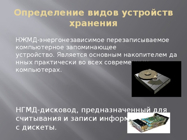 Определение видов устройств хранения НЖМД-энергонезависимое перезаписываемое компьютерное запоминающее устройство. Является основным накопителем данных практически во всех современных компьютерах. НГМД-дисковод, предназначенный для считывания и записи информации с дискеты. 