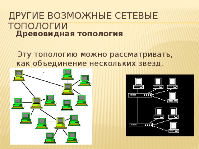 Другие возможные сетевые топологии  Древовидная топология  Эту топологию можно рассматривать, как объединение нескольких звезд. 