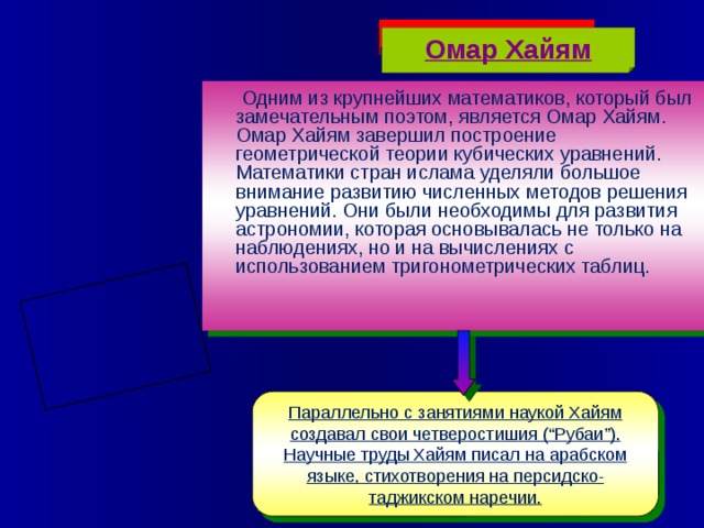 Омар Хайям  Одним из крупнейших математиков, который был замечательным поэтом, является Омар Хайям.  Омар Хайям завершил построение геометрической теории кубических уравнений. Математики стран ислама уделяли большое внимание развитию численных методов решения уравнений. Они были необходимы для развития астрономии, которая основывалась не только на наблюдениях, но и на вычислениях с использованием тригонометрических таблиц. Параллельно с занятиями наукой Хайям создавал свои четверостишия (“Рубаи”). Научные труды Хайям писал на арабском языке, стихотворения на персидско-таджикском наречии.