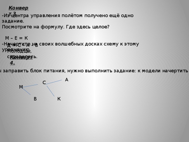 Конверт 3 -Из центра управления полётом получено ещё одно задание. Посмотрите на формулу. Где здесь целое?  М – Е = К -Начертите на своих волшебных досках схему к этому уравнению. Д = С – А – В Молодцы, справились. Конверт 4. Чтобы заправить блок питания, нужно выполнить задание: к модели начертить схему. А С М В К 