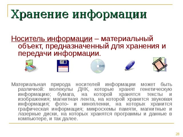 Хранение информации Носитель информации – материальный объект, предназначенный для хранения и передачи информации. Материальная природа носителей информации может быть различной: молекулы ДНК, которые хранят генетическую информацию; бумага, на которой хранятся тексты и изображения; магнитная лента, на которой хранится звуковая информация; фото- и кинопленки, на которых хранится графическая информация; микросхемы памяти, магнитные и лазерные диски, на которых хранятся программы и данные в компьютере, и так далее. 