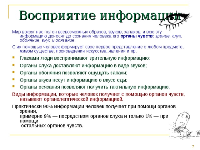 Восприятие информации Мир вокруг нас полон всевозможных образов, звуков, запахов, и всю эту информацию доносят до сознания человека его органы чувств : зрение, слух, обоняние, вкус и осязание . С их помощью человек формирует свое первое представление о любом предмете, живом существе, произведении искусства, явлении и пр. Глазами люди воспринимают зрительную информацию; Органы слуха доставляют информацию в виде звуков; Органы обоняния позволяют ощущать запахи; Органы вкуса несут информацию о вкусе еды; Органы осязания позволяют получить тактильную информацию .  Виды информации, которые человек получает с помощью органов чувств, называют органолептической информацией. Практически 90% информации человек получает при помощи органов зрения,  примерно 9% — посредством органов слуха и только 1% — при помощи  остальных органов чувств. 