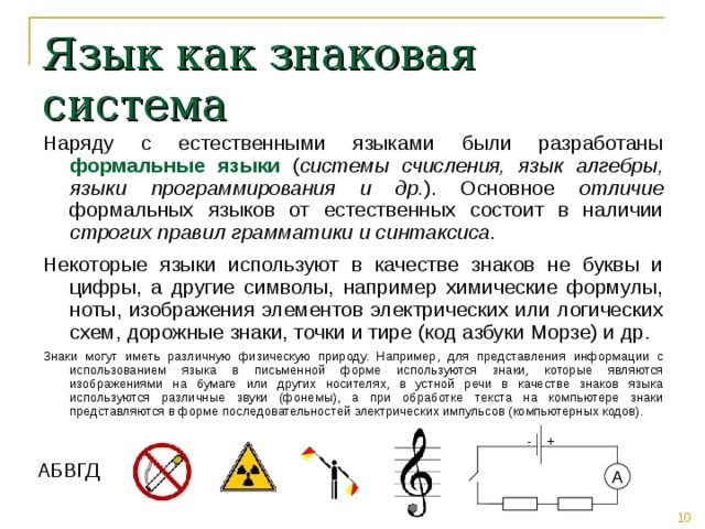 Язык как знаковая система Наряду с естественными языками были разработаны формальные языки ( системы счисления, язык алгебры, языки программирования и др. ). Основное отличие формальных языков от естественных состоит в наличии строгих правил грамматики и синтаксиса . Некоторые языки используют в качестве знаков не буквы и цифры, а другие символы, например химические формулы, ноты, изображения элементов электрических или логических схем, дорожные знаки, точки и тире (код азбуки Морзе) и др. Знаки могут иметь различную физическую природу. Например, для представления информации с использованием языка в письменной форме используются знаки, которые являются изображениями на бумаге или других носителях, в устной речи в качестве знаков языка используются различные звуки (фонемы), а при обработке текста на компьютере знаки представляются в форме последовательностей электрических импульсов (компьютерных кодов). - + АБВГД A 