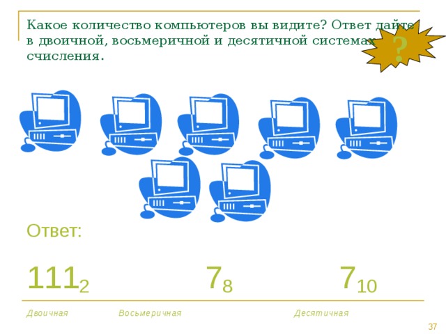 Какое количество компьютеров вы видите? Ответ дайте в двоичной, восьмеричной и десятичной системах счисления. ? Ответ: 111 2    7 8    7 10 Двоичная    Восьмеричная     Десятичная 