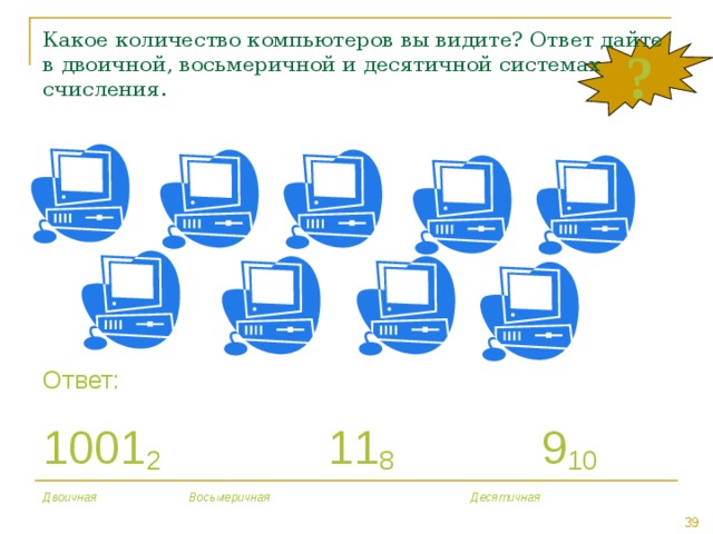 Какое количество компьютеров вы видите? Ответ дайте в двоичной, восьмеричной и десятичной системах счисления. ? Ответ: 1001 2    11 8    9 10 Двоичная    Восьмеричная     Десятичная 
