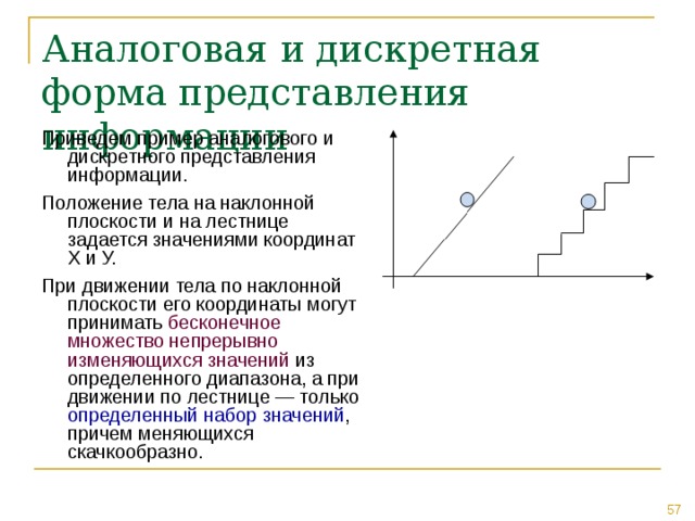 Аналоговая и дискретная форма представления информации Приведем пример аналогового и дискретного представления информации. Положение тела на наклонной плоскости и на лестнице задается значениями координат X и У. При движении тела по наклонной плоскости его координаты могут принимать бесконечное множество непрерывно изменяющихся значений из определенного диапазона, а при движении по лестнице — только определенный набор значений , причем меняющихся скачкообразно. 