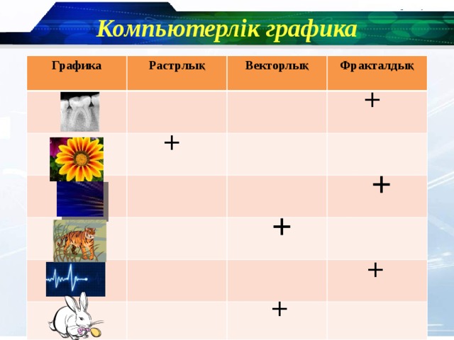 Компьютерлік графика Графика Растрлық Векторлық Фракталдық + + + + + + 