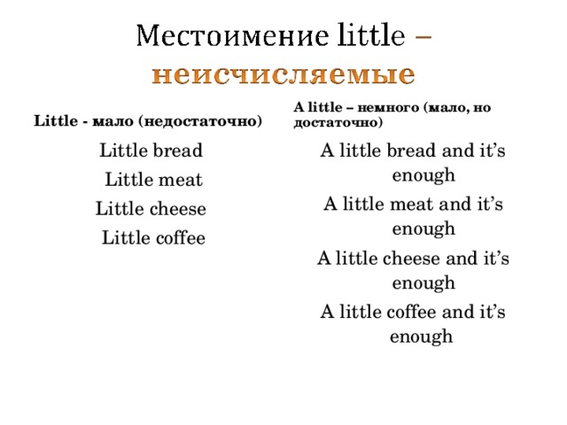 Little - мало (недостаточно) A little – немного (мало, но достаточно) Little bread Little meat Little cheese Little coffee A little bread and it’s enough A little meat and it’s enough A little cheese and it’s enough A little coffee and it’s enough www.justonecaress.ucoz.net  