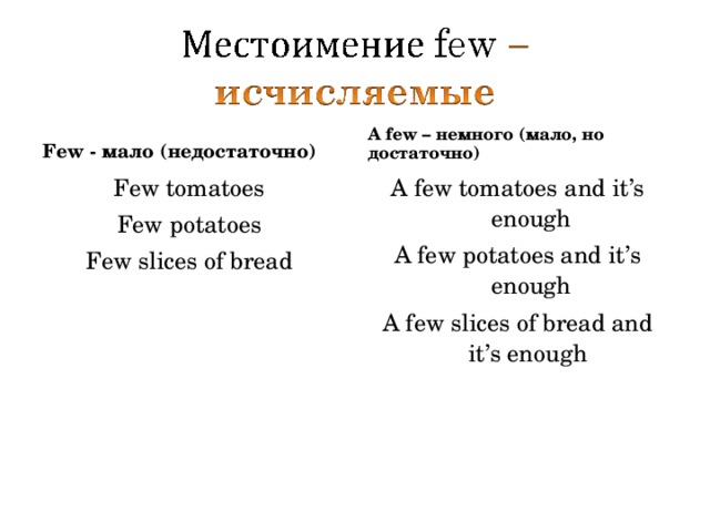 Few - мало (недостаточно) A few – немного (мало, но достаточно) Few tomatoes Few potatoes Few slices of bread A few tomatoes and it’s enough A few potatoes and it’s enough A few slices of bread and it’s enough 
