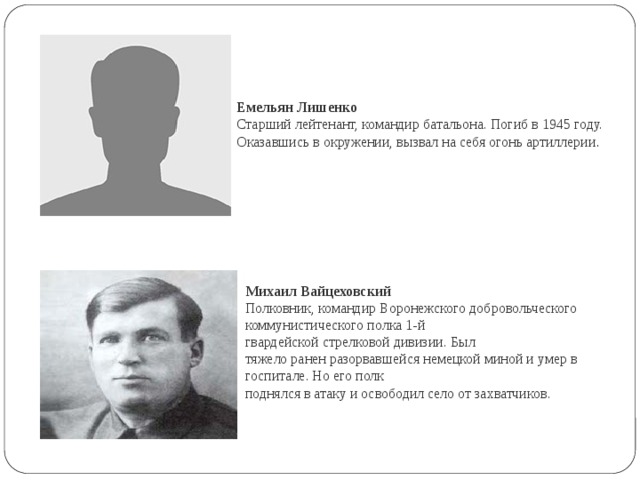 Емельян Лишенко Старший лейтенант, командир батальона. Погиб в 1945 году. Оказавшись в окружении, вызвал на себя огонь артиллерии . Михаил Вайцеховский Полковник, командир Воронежского добровольческого коммунистического полка 1-й гвардейской стрелковой дивизии. Был тяжело ранен разорвавшейся немецкой миной и умер в госпитале. Но его полк поднялся в атаку и освободил село от захватчиков. 