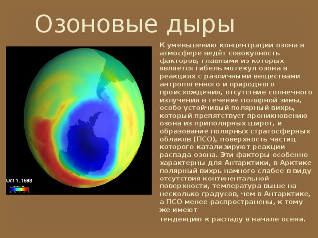 Озоновые дыры К уменьшению концентрации озона в атмосфере ведёт совокупность факторов, главными из которых является гибель молекул озона в реакциях с различными веществами антропогенного и природного происхождения, отсутствие солнечного излучения в течение полярной зимы, особо устойчивый полярный вихрь, который препятствует проникновению озона из приполярных широт, и образование полярных стратосферных облаков (ПСО), поверхность частиц которого катализируют реакции распада озона. Эти факторы особенно характерны для Антарктики, в Арктике полярный вихрь намного слабее в виду отсутствия континентальной поверхности, температура выше на несколько градусов, чем в Антарктике, а ПСО менее распространены, к тому же имеют тенденцию к распаду в начале осени. 